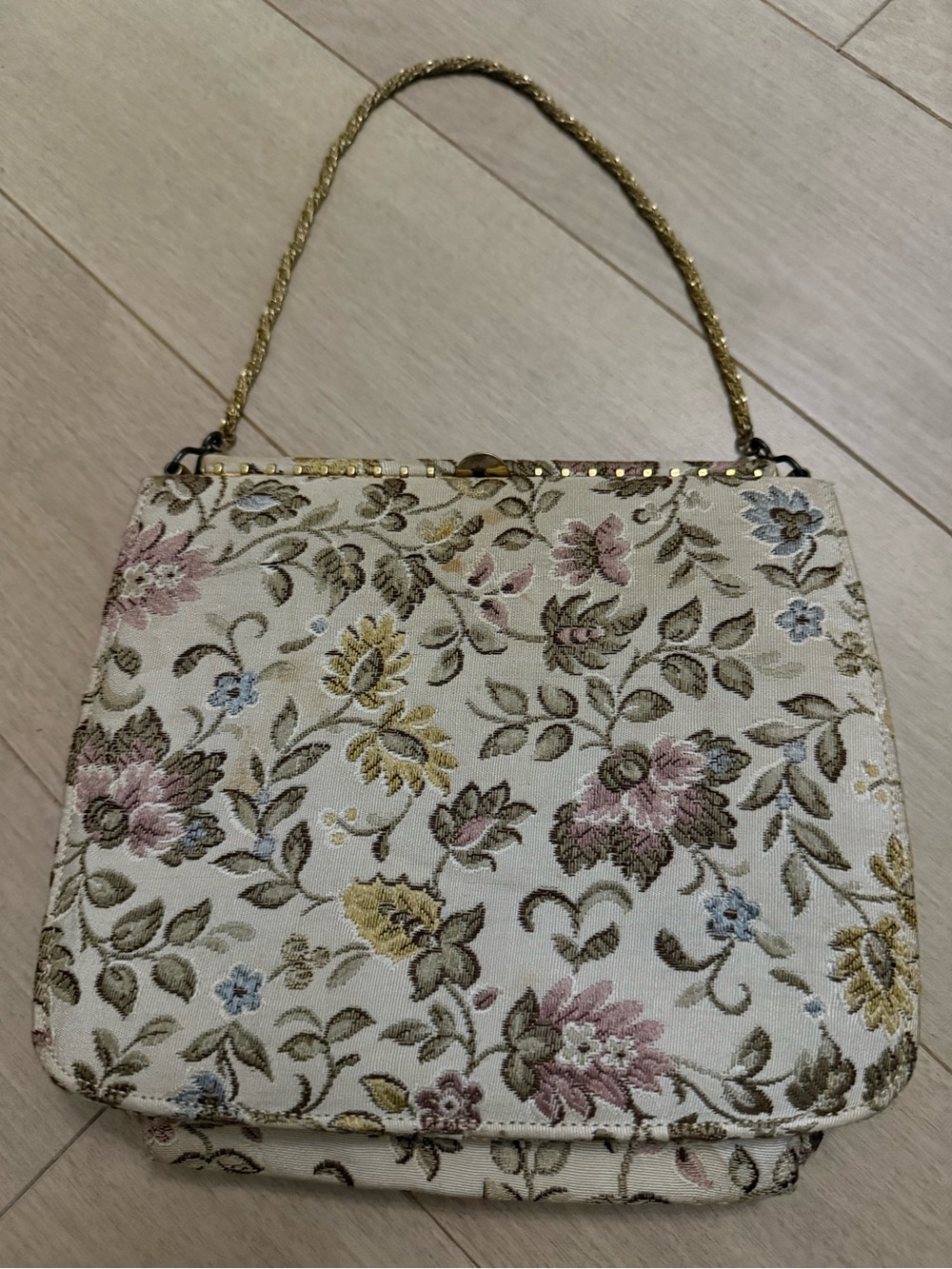 Cream Floral Jacquard Shoulder Bag with Gold Braided Handle Accent